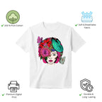 Butterfly Lady women's t-shirt features premium cotton and vibrant artwork print