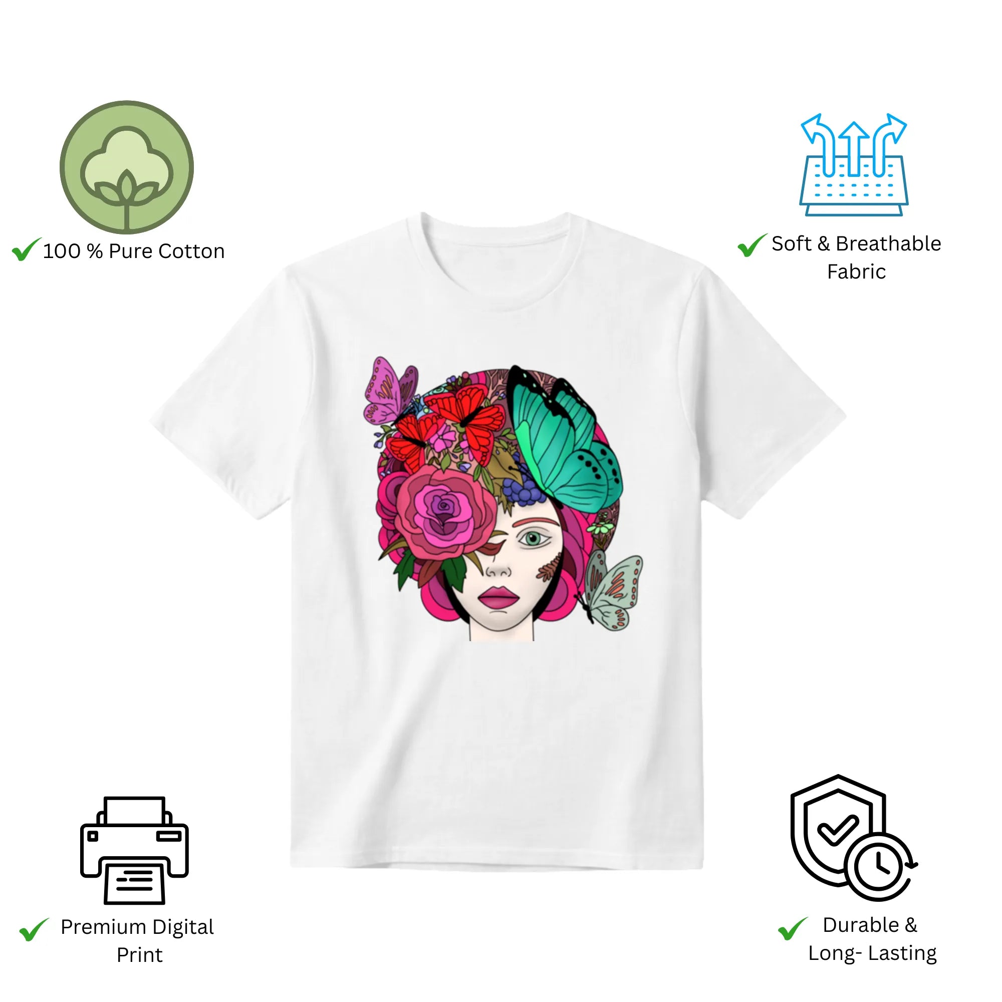 Butterfly Lady women's t-shirt features premium cotton and vibrant artwork print