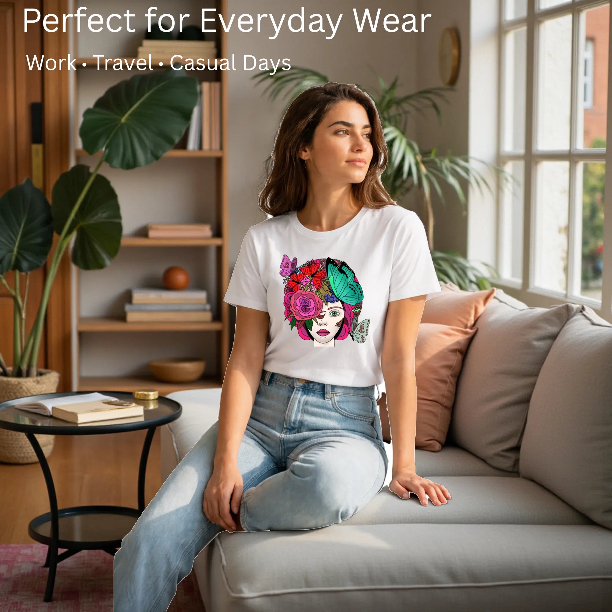 Female model showcasing Butterfly Lady artistic cotton t-shirt by PaintzStories