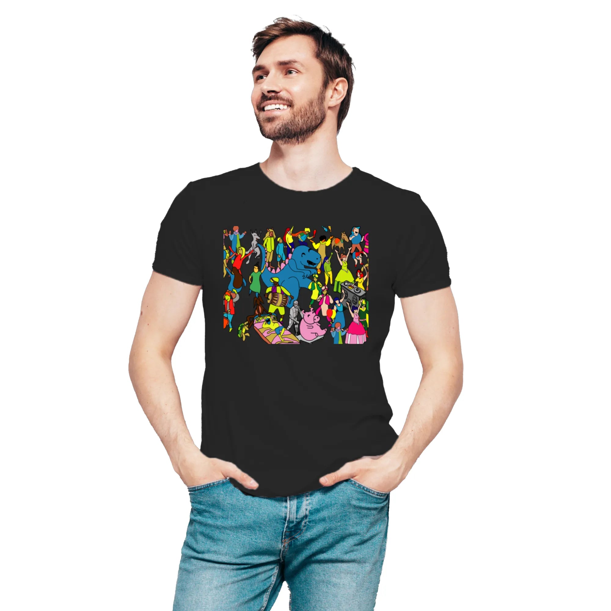Celebrating Diversity Carnival men's artistic cotton t-shirt in Black by PaintzStories