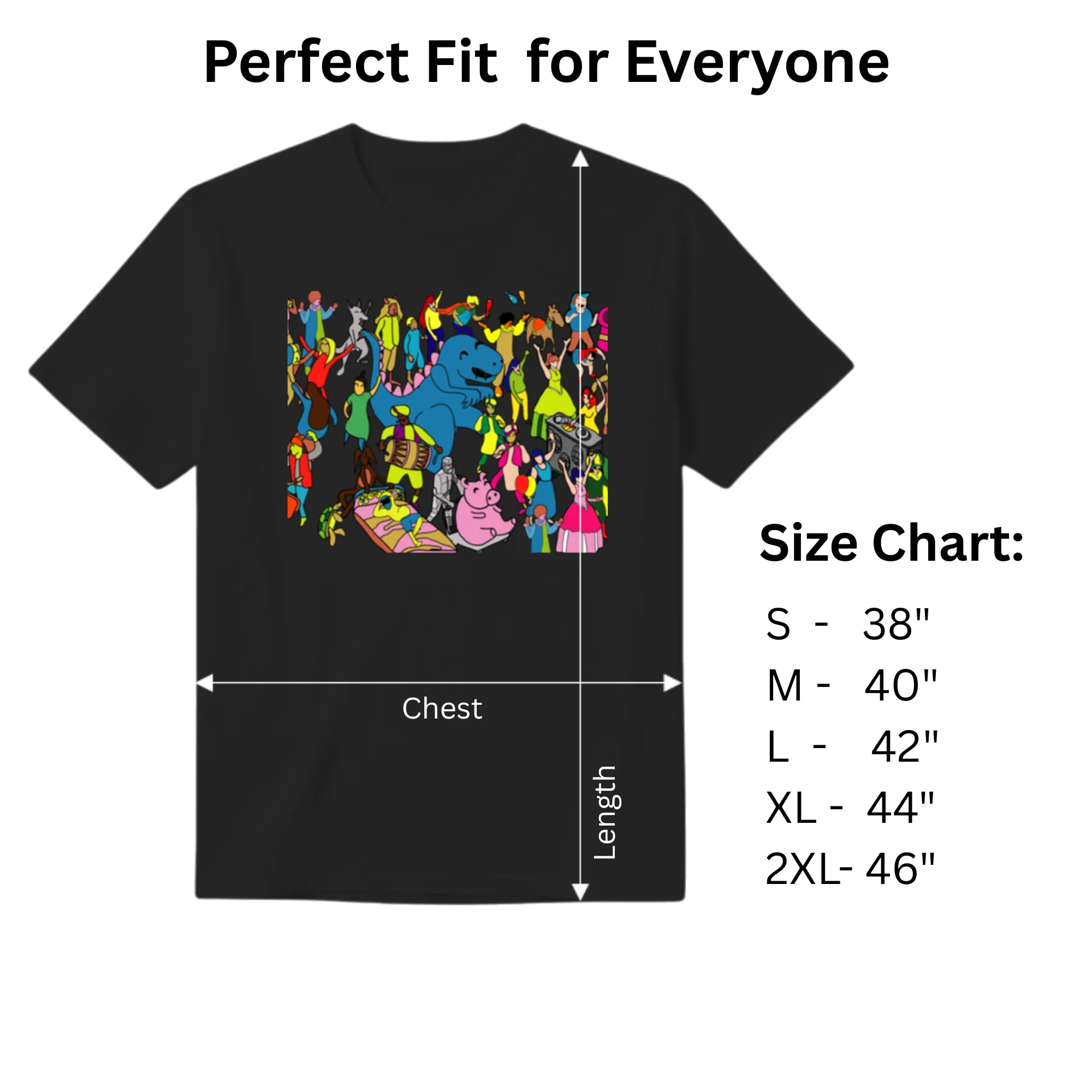 Celebrating Diversity Carnival men's graphic tee size chart and dimensions guide