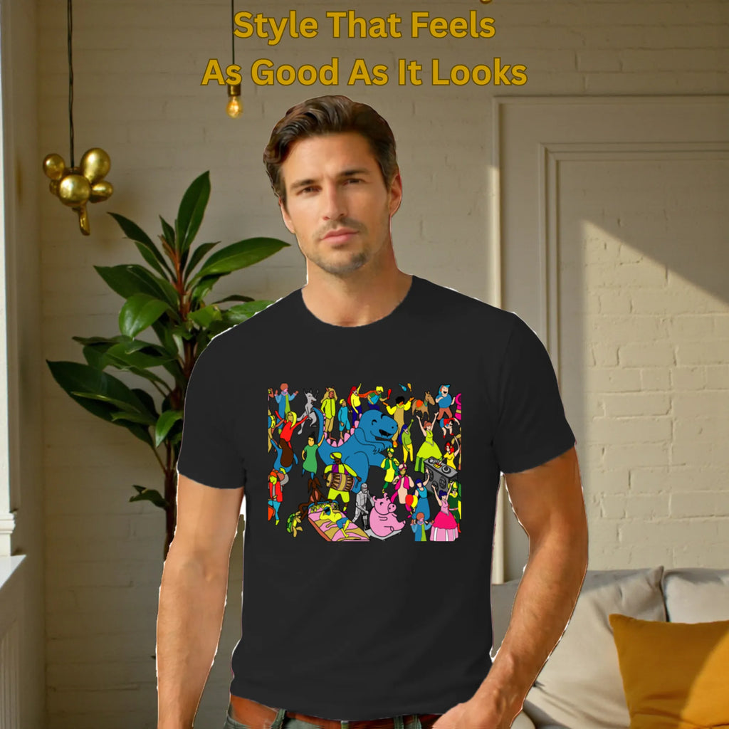 Male model wearing Celebrating Diversity Carnival artistic t-shirt in Black