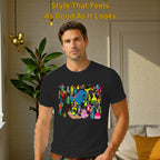 Male model wearing Celebrating Diversity Carnival artistic t-shirt in Black
