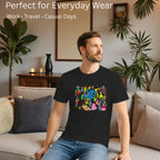Male model showcasing  Celebrating Diversity Carnival artistic t-shirt in Black