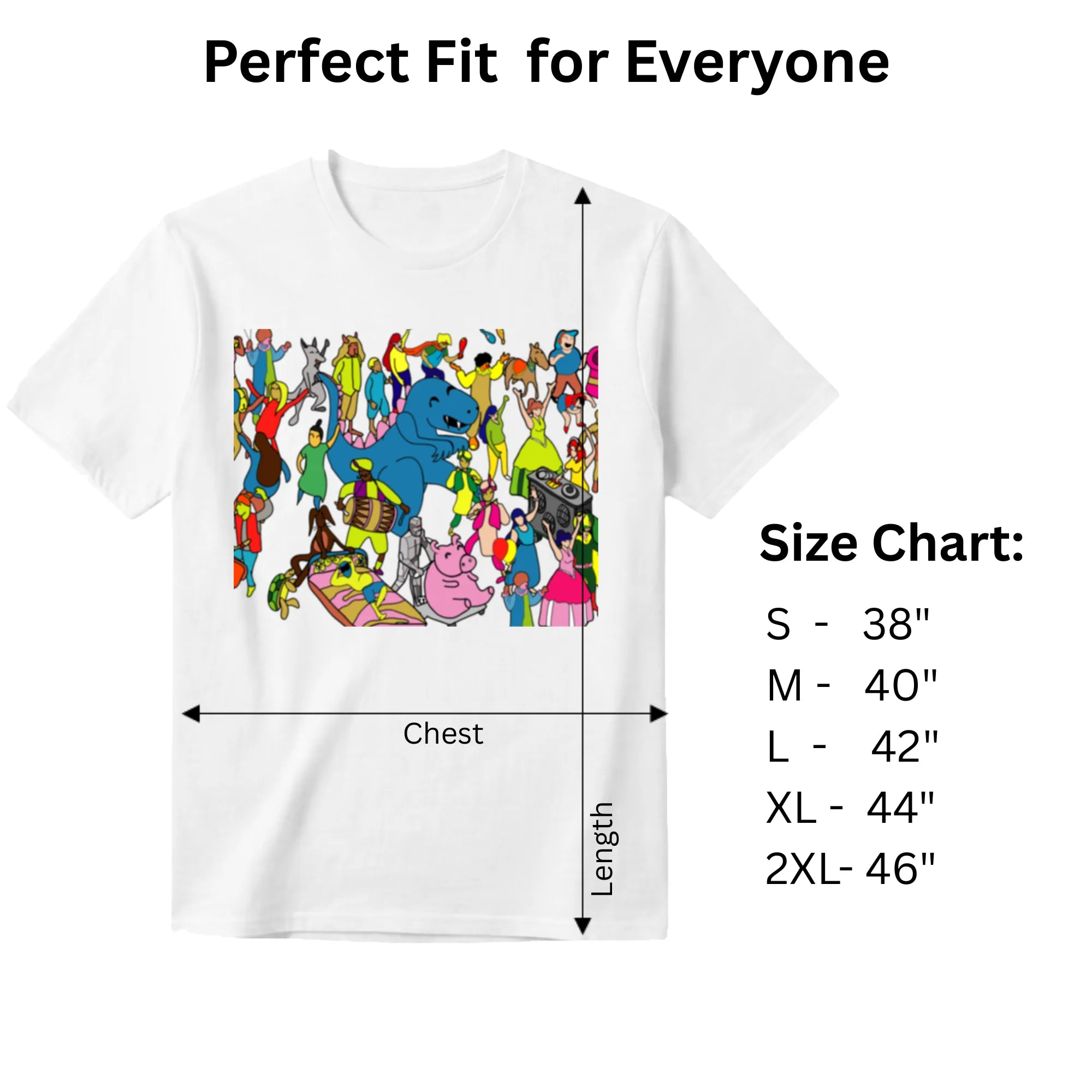 Celebrating Diversity Carnival men's graphic tee size chart and dimensions guide