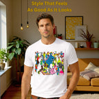 Male model wearing Celebrating Diversity Carnival artistic t-shirt in White