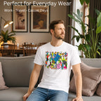 Male model showcasing Celebrating Diversity Carnival artistic t-shirt in White