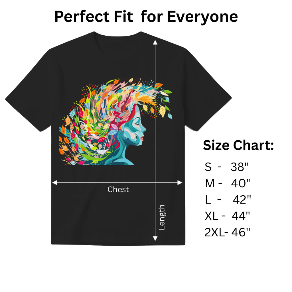 Embracing Colourful Creativity in Life women's graphic tee size chart and dimensions guide