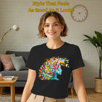 Female model wearing Embracing Colourful Creativity in Life artistic t-shirt in Black