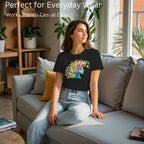 Female model showcasing Embracing Colourful Creativity in Life artistic cotton t-shirt by PaintzStories