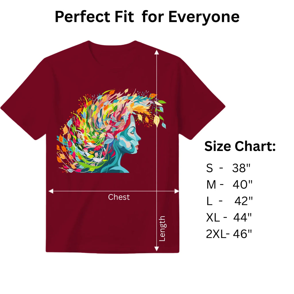Embracing Colourful Creativity in Life women's graphic tee size chart and dimensions guide