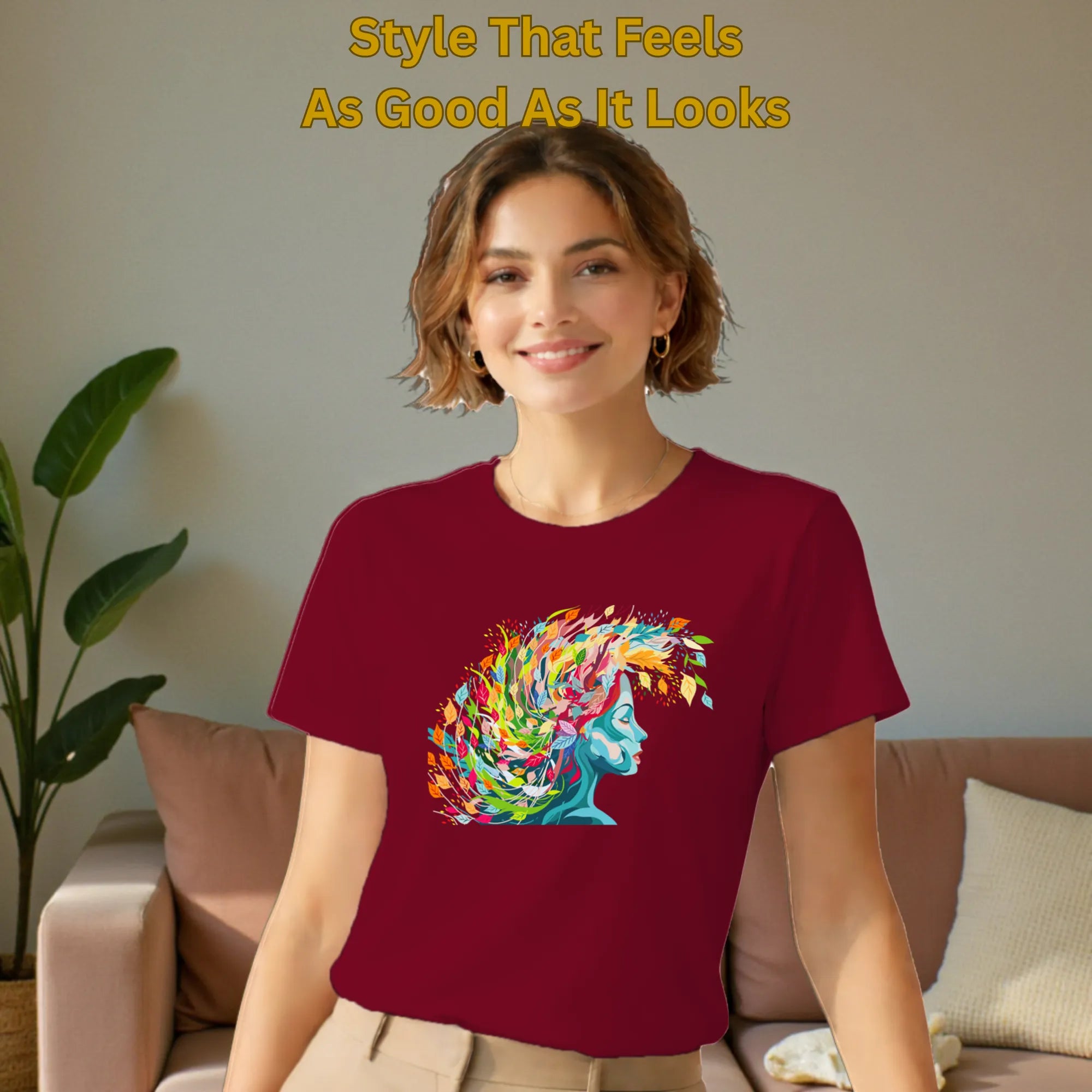 Female model wearing Embracing Colourful Creativity in Life artistic t-shirt in Maroon
