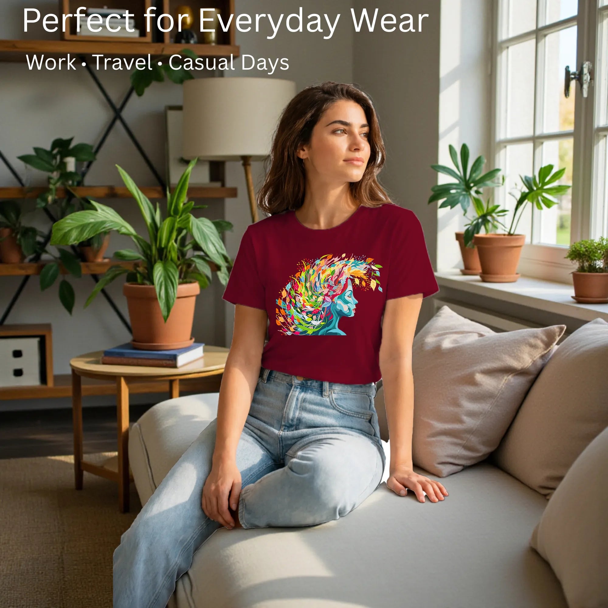 Female model showcasing Embracing Colourful Creativity in Life artistic cotton t-shirt by PaintzStories