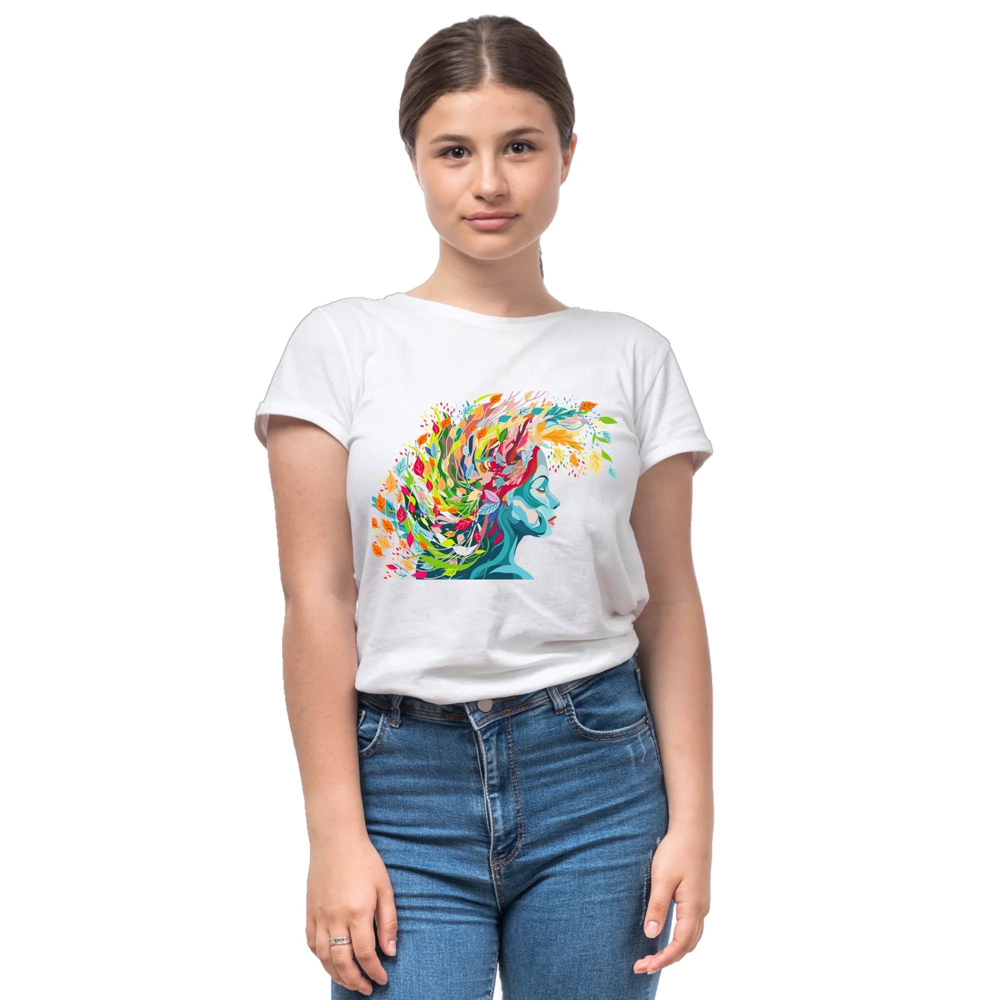 Embracing Colourful Creativity in Life women's artistic cotton t-shirt in White by PaintzStories