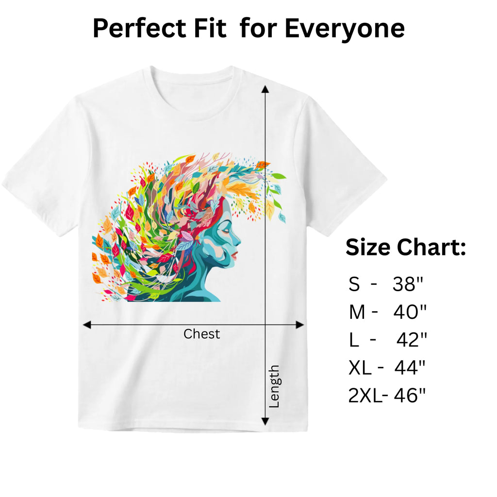 Embracing Colourful Creativity in Life women's graphic tee size chart and dimensions guide