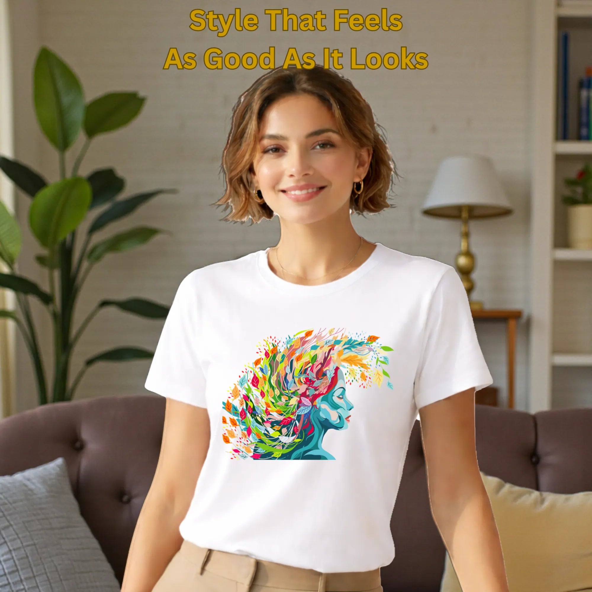 Female model wearing Embracing Colourful Creativity in Life artistic t-shirt in White