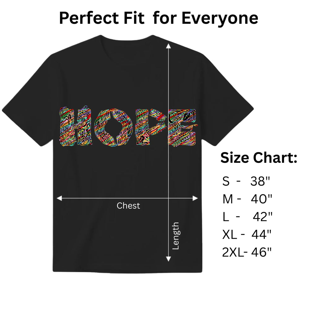 Essence of Hope black graphic tee size chart and dimensions