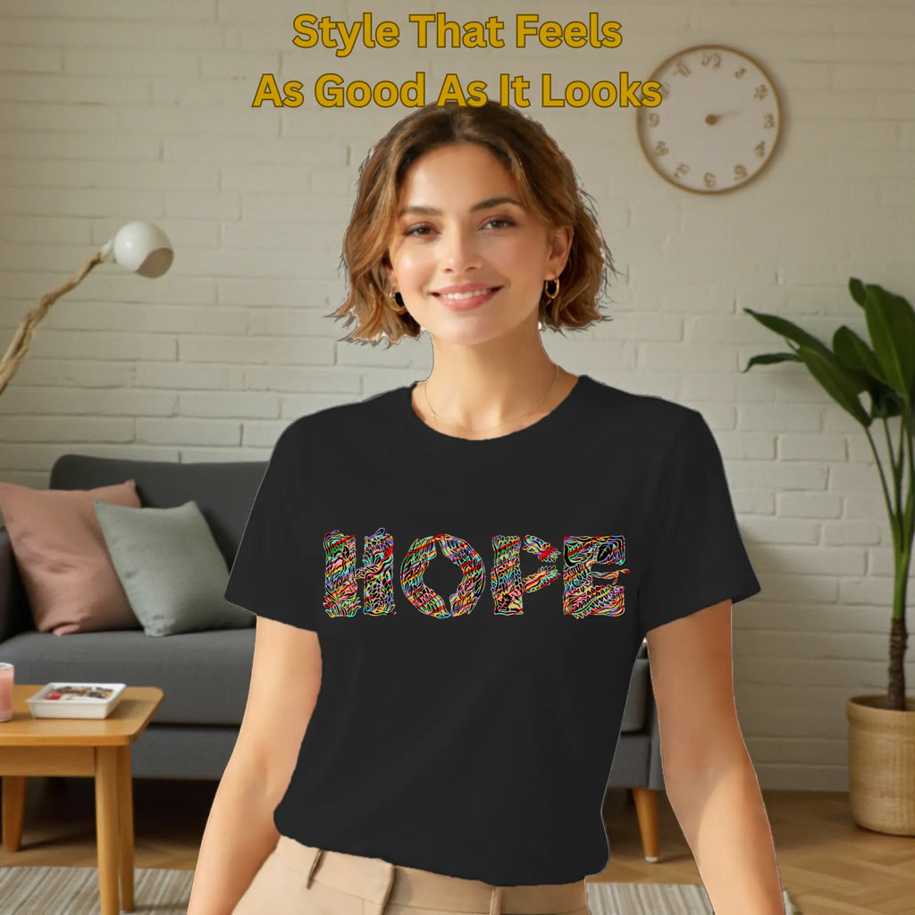 Model wearing Essence of Hope artistic cotton t-shirt in Black