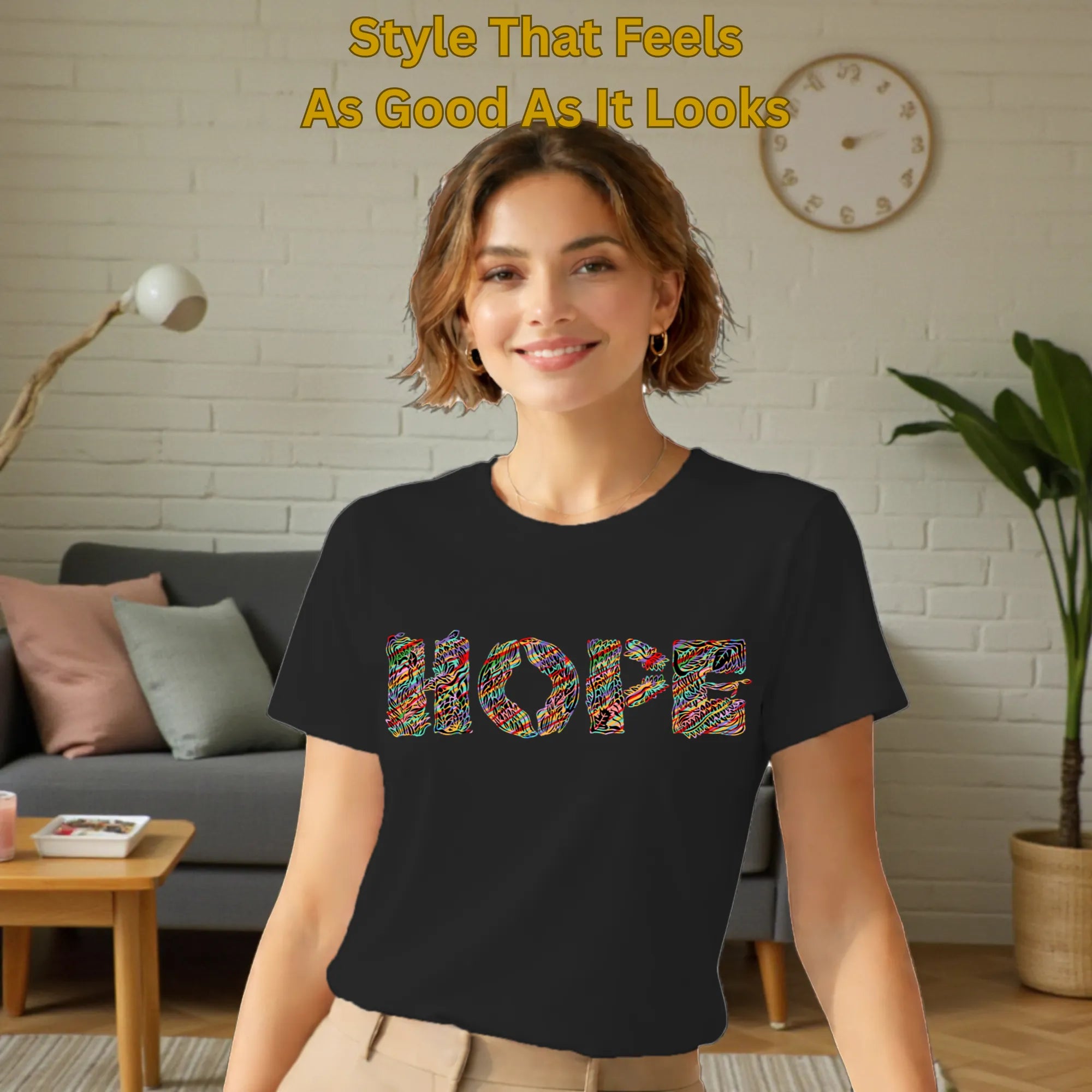 Model wearing Essence of Hope artistic cotton t-shirt in Black