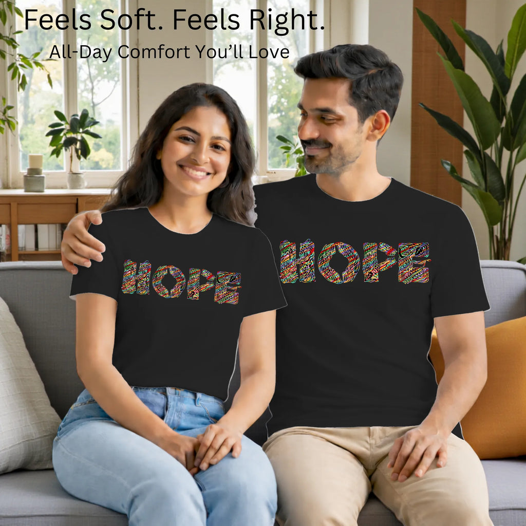 Matching pair wearing Essence of Hope artistic t-shirts by PaintzStories
