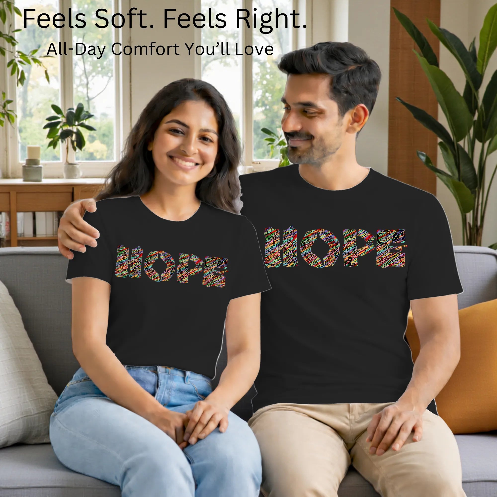 Matching pair wearing Essence of Hope artistic t-shirts by PaintzStories