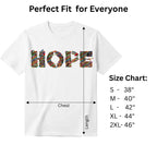 Essence of Hope white graphic tee size chart and dimensions