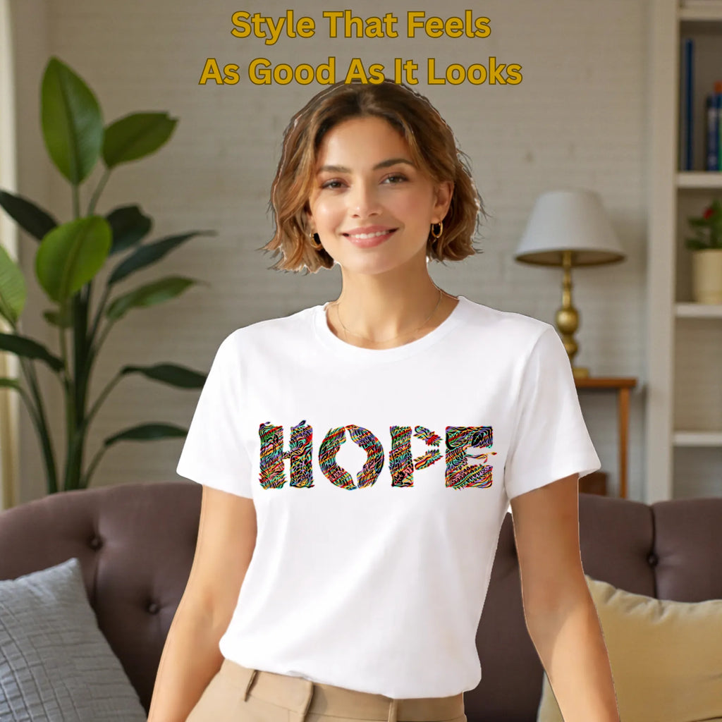 Model wearing Essence of Hope artistic cotton t-shirt in White