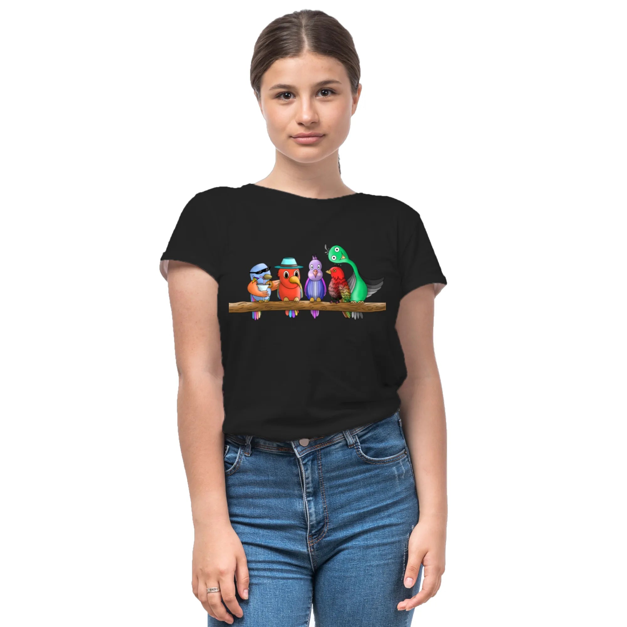 Five Colourful Birds women's artistic cotton t-shirt in Black by PaintzStories