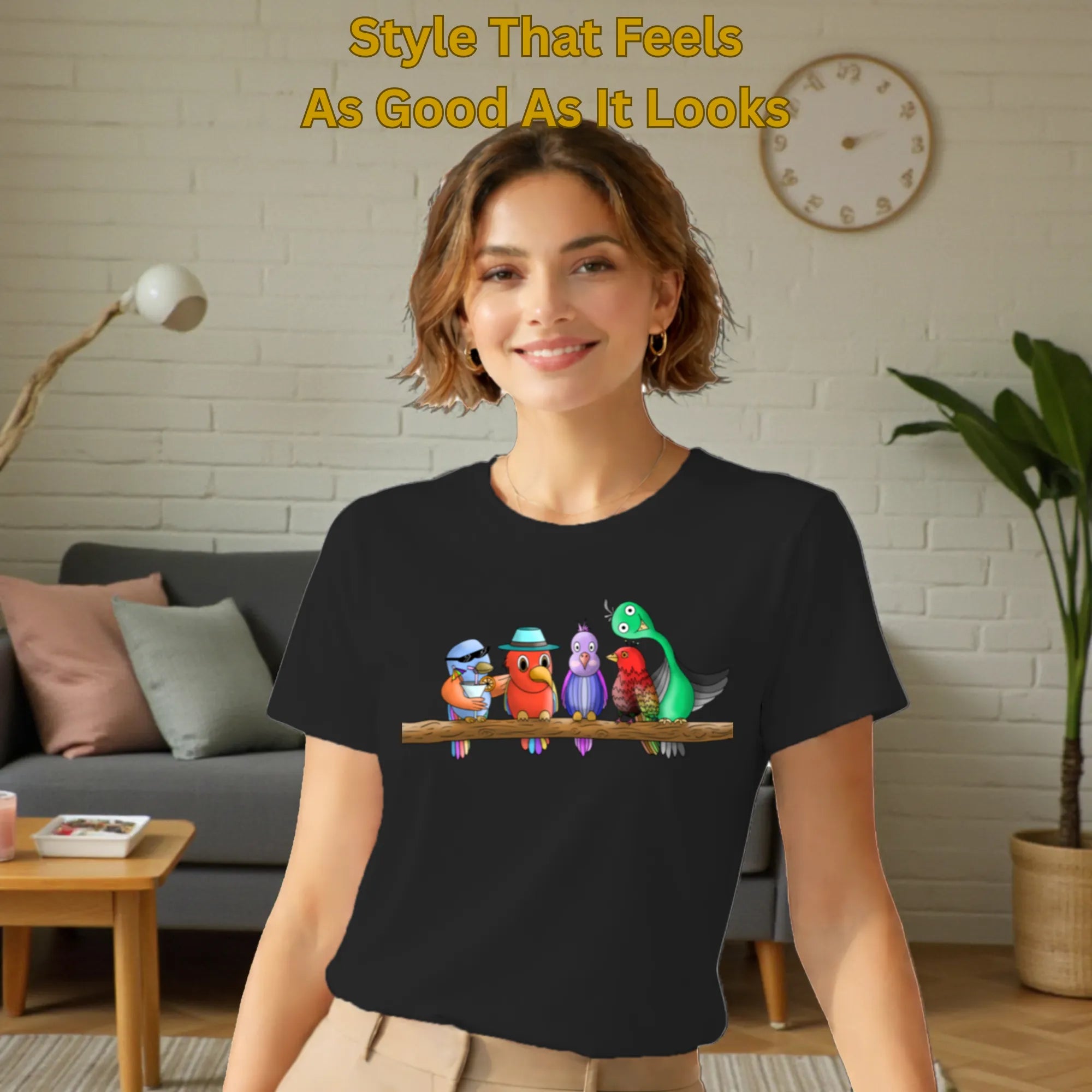 Female model wearing Five Colourful Birds artistic t-shirt in Black