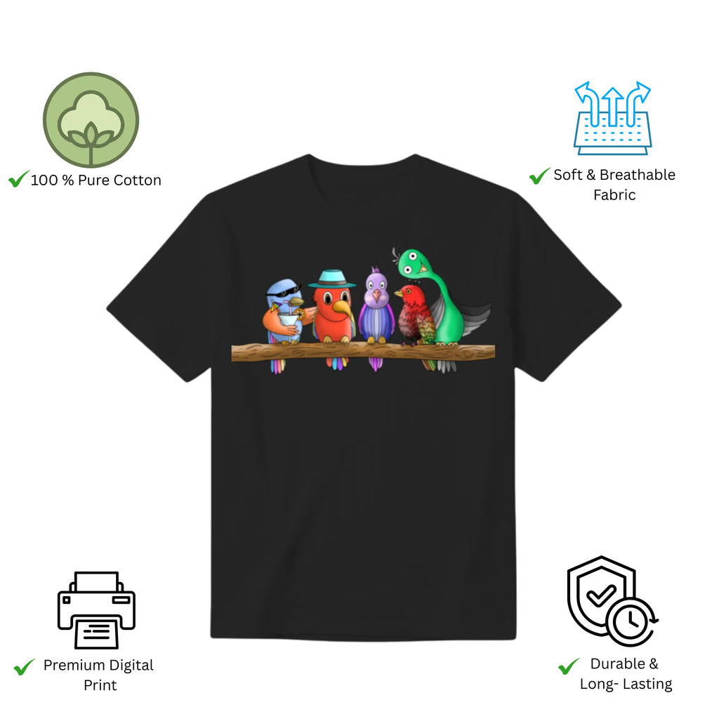 Five Colourful Birds women's t-shirt features premium cotton and vibrant artwork print