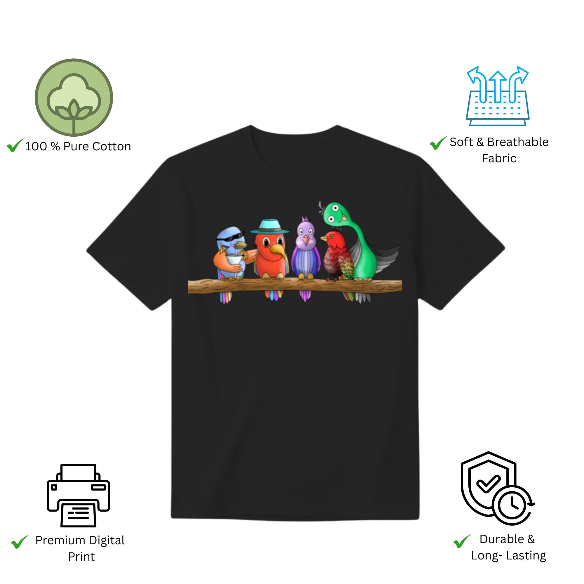 Five Colourful Birds women's t-shirt features premium cotton and vibrant artwork print