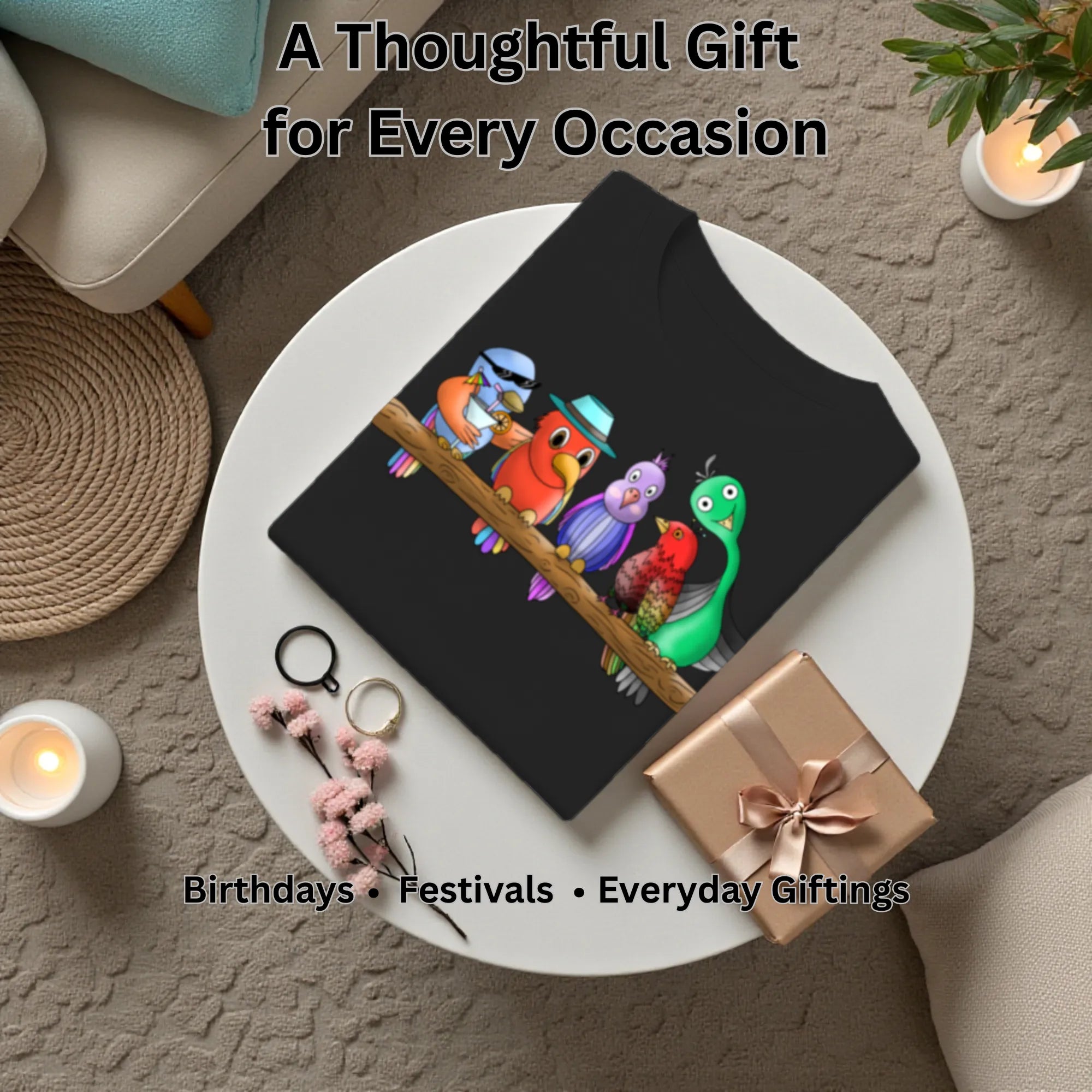 Five Colourful Birds artistic t-shirt gift for women, birthdays and special occasions