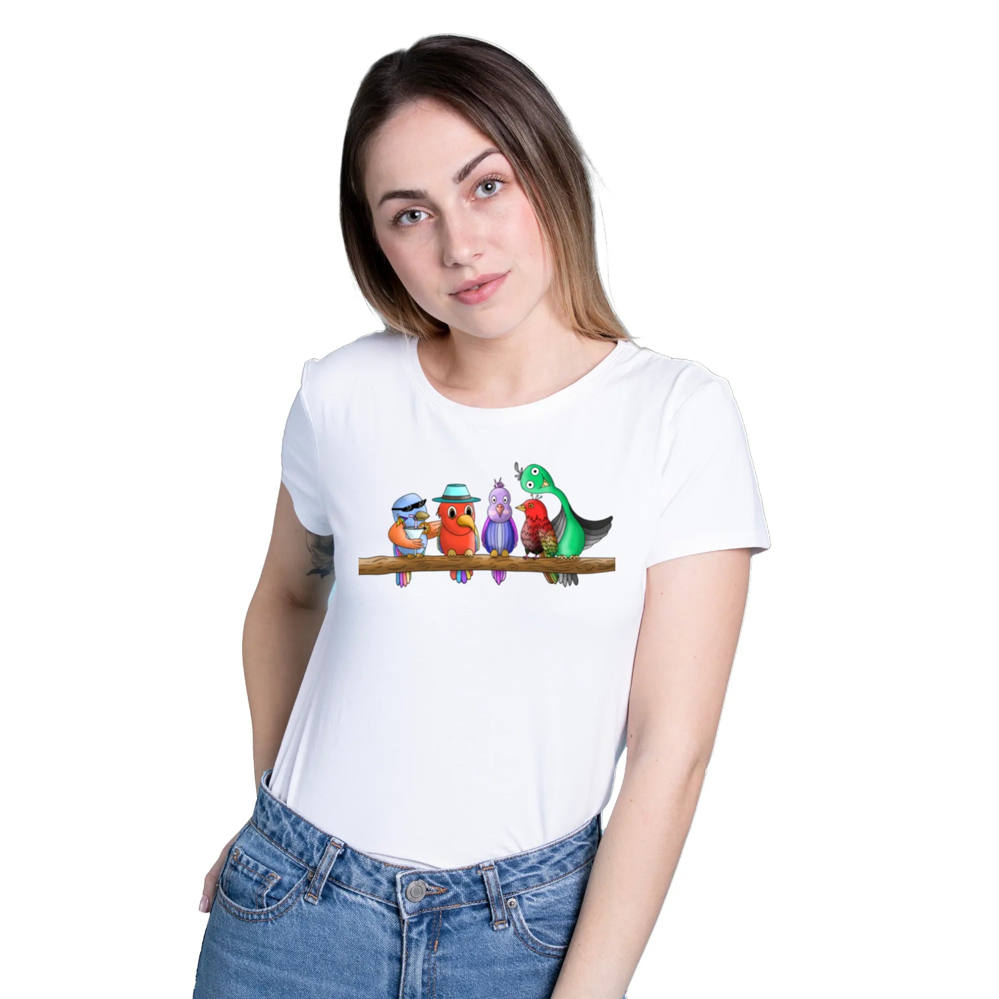 Five Colourful Birds women's artistic cotton t-shirt in White by PaintzStories