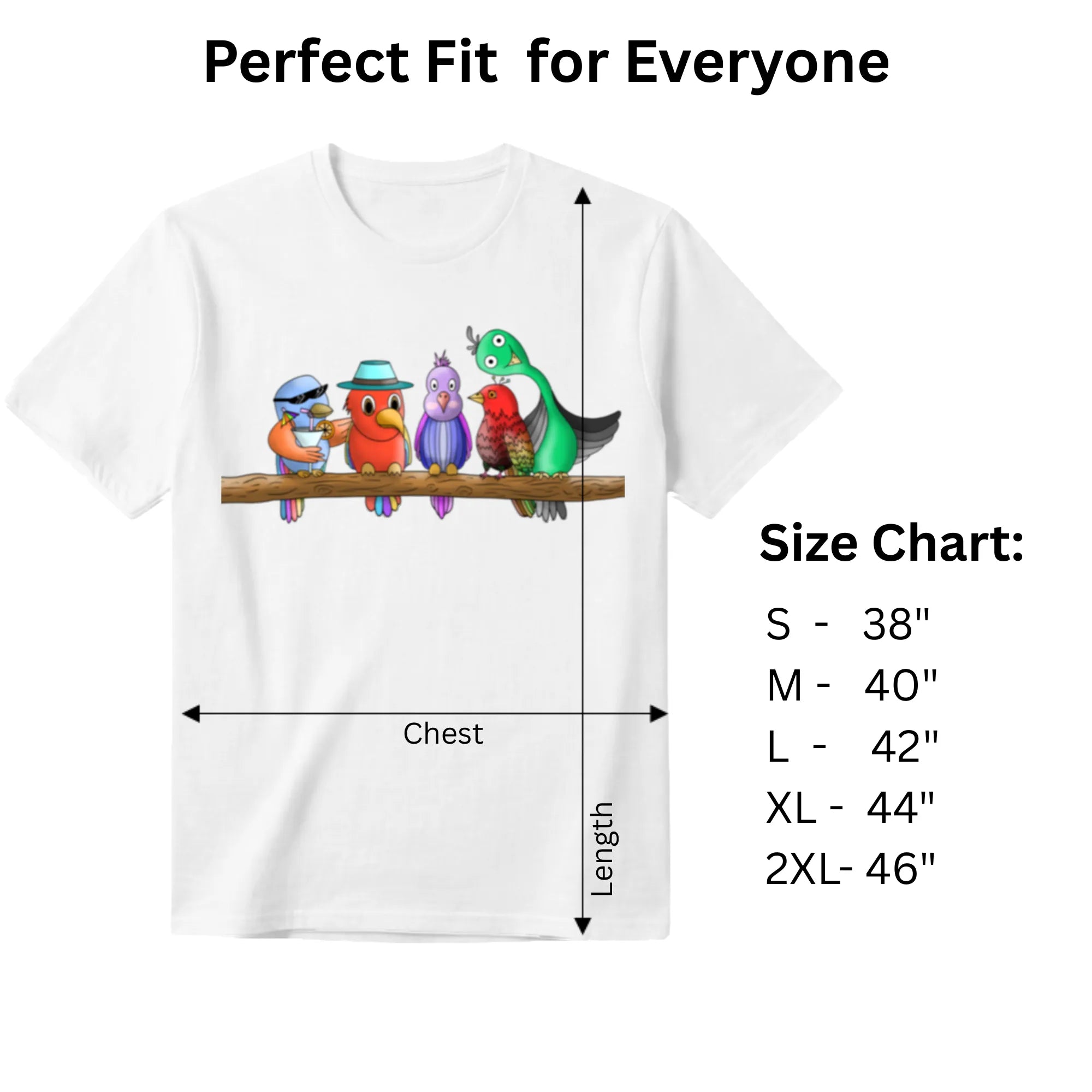 Five Colourful Birds women's graphic tee size chart and dimensions guide