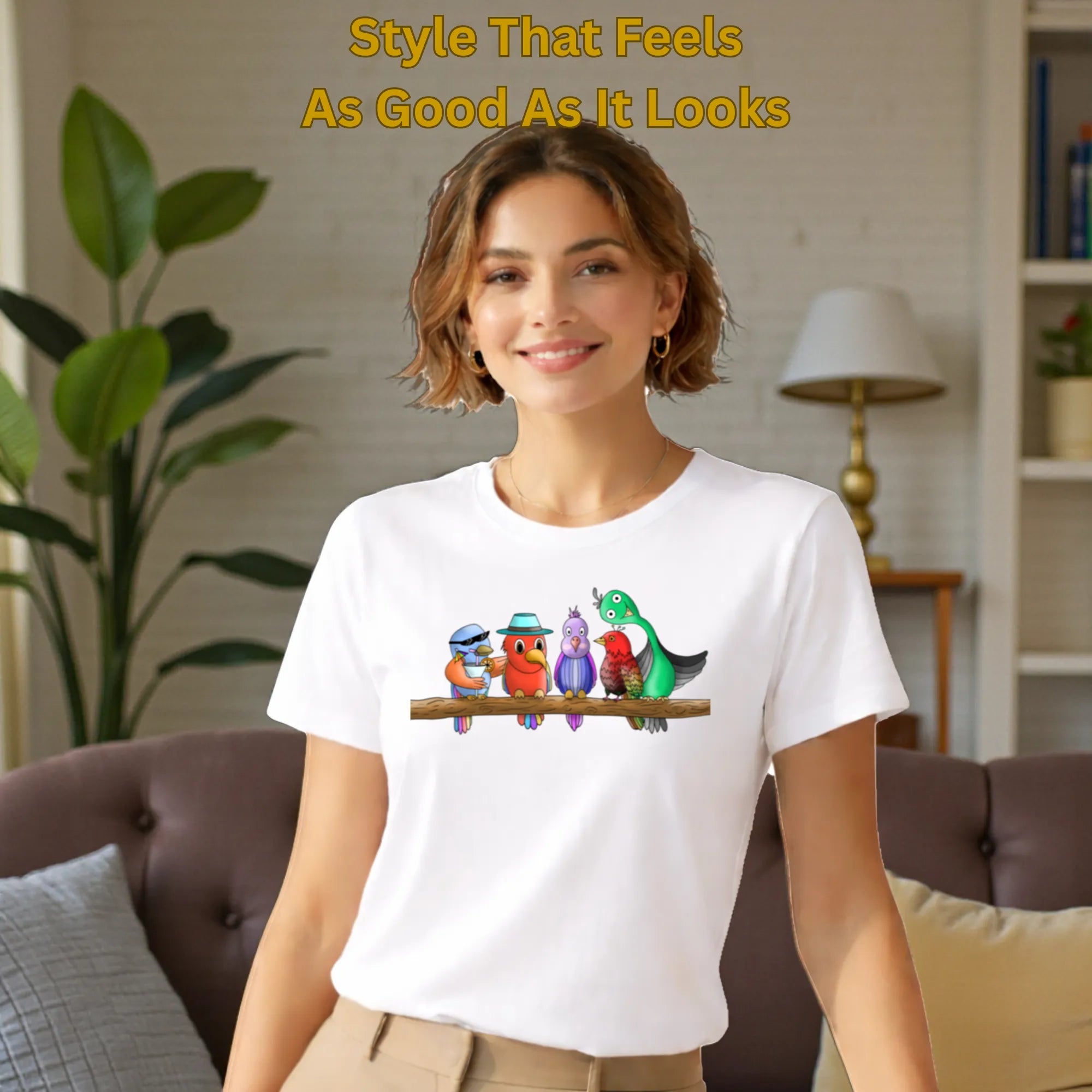 Female model wearing Five Colourful Birds artistic t-shirt in White