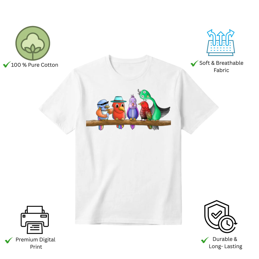 Five Colourful Birds women's t-shirt features premium cotton and vibrant artwork print