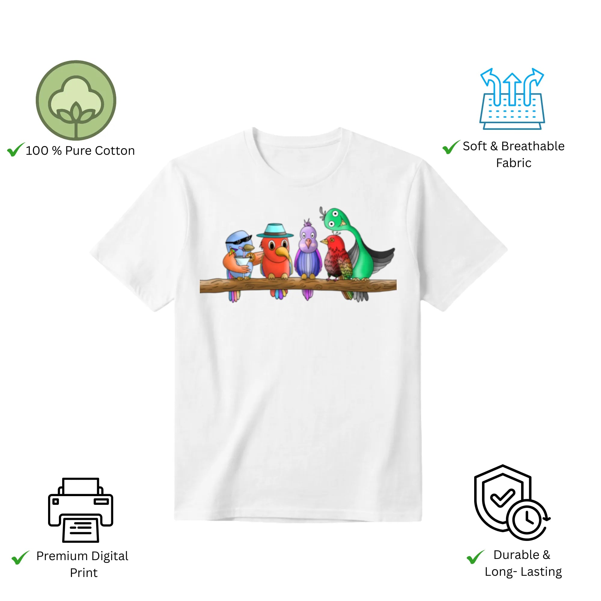 Five Colourful Birds women's t-shirt features premium cotton and vibrant artwork print