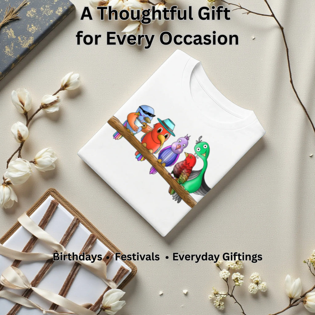 Five Colourful Birds artistic t-shirt gift for women, birthdays and special occasions