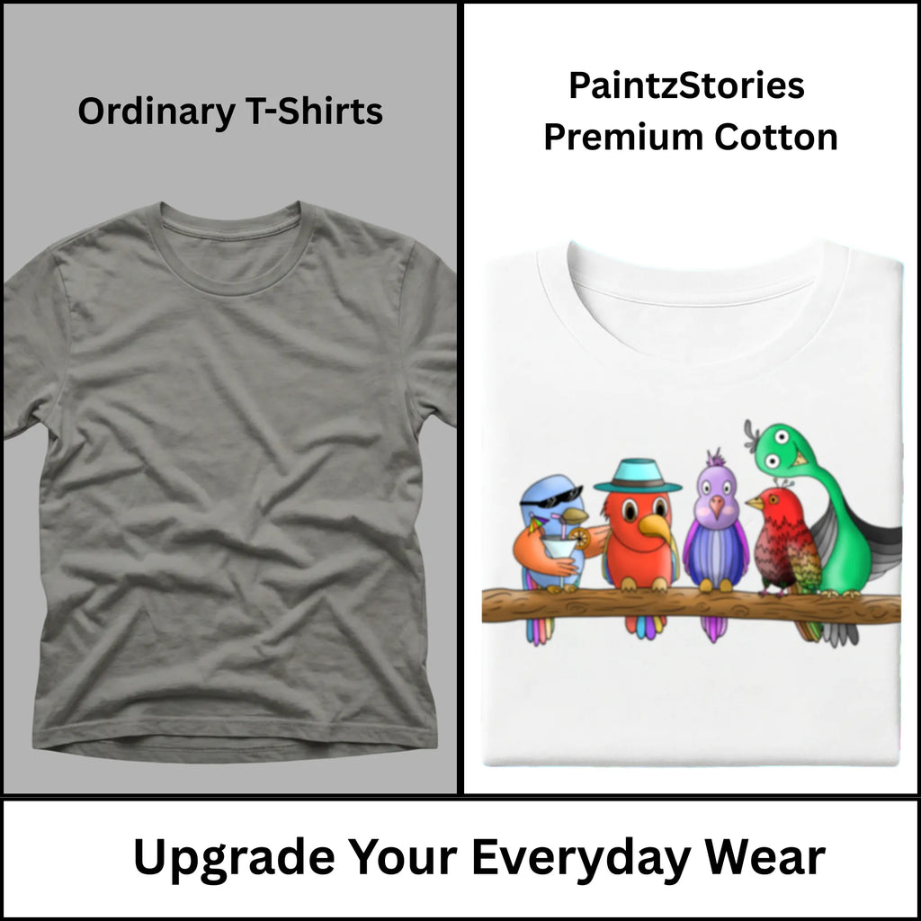 Premium quality stitching and artwork print on Five Colourful Birds women's graphic tee