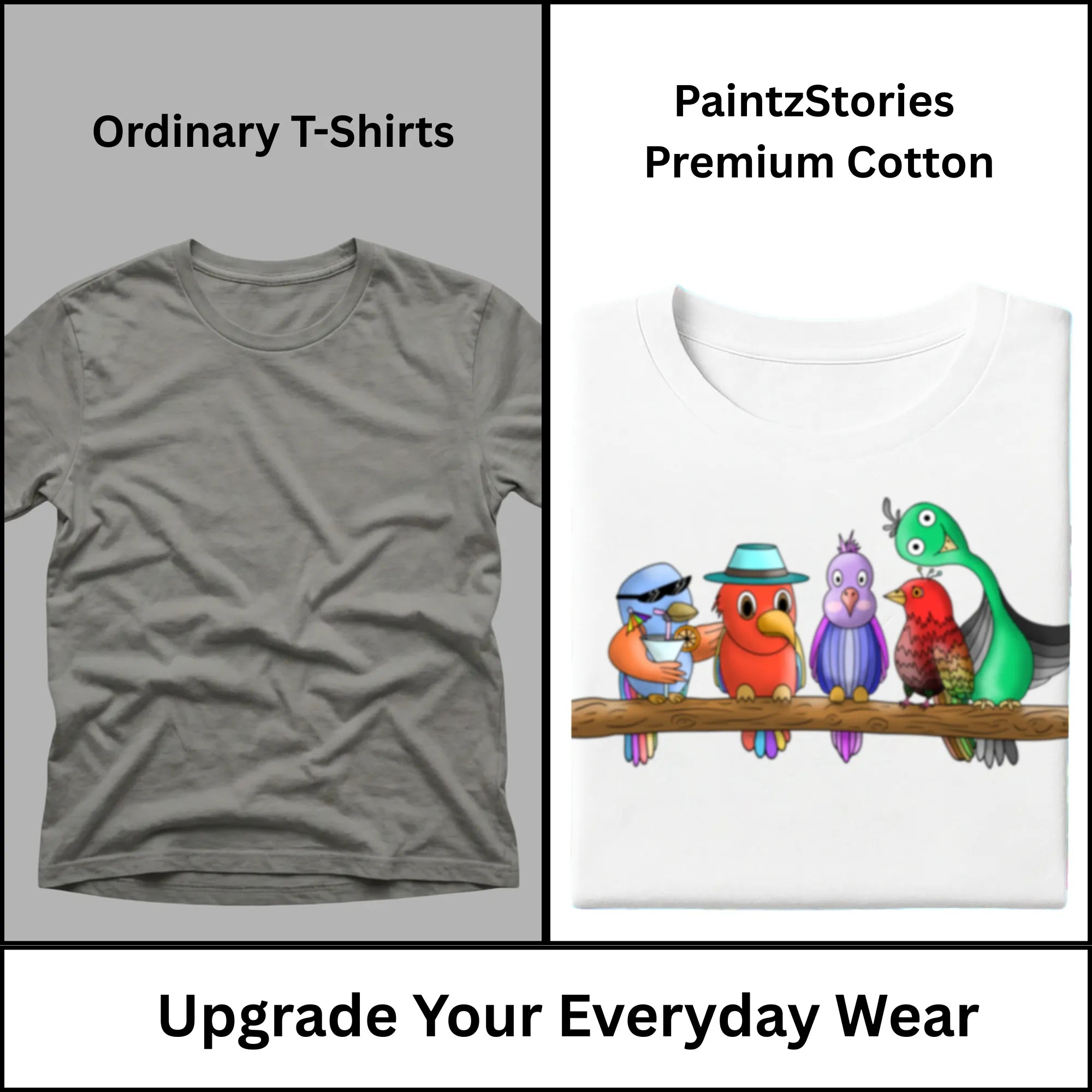 Premium quality stitching and artwork print on Five Colourful Birds women's graphic tee
