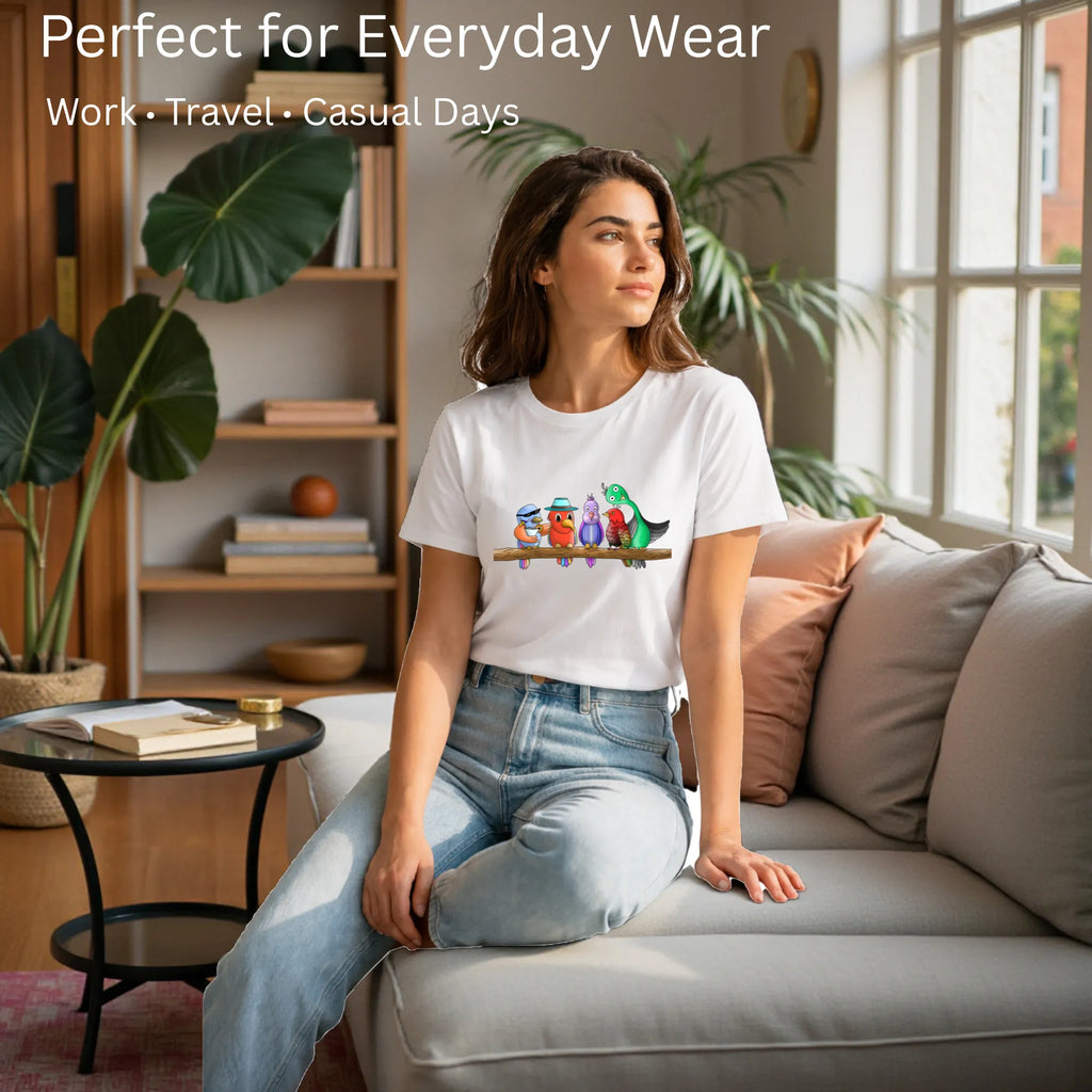 Female model showcasing Five Colourful Birds artistic cotton t-shirt by PaintzStories