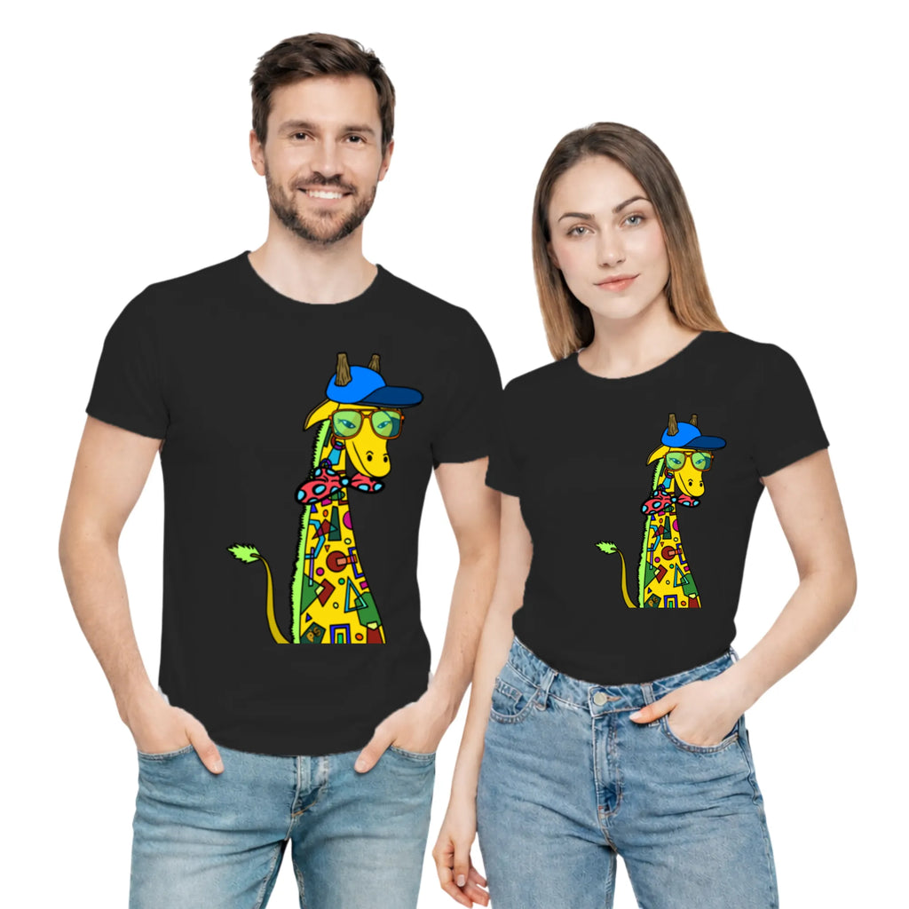 Giraffe with Bow Tie artistic unisex t-shirt in Black by PaintzStories