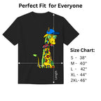 Giraffe with Bow Tie black graphic tee size chart and dimensions