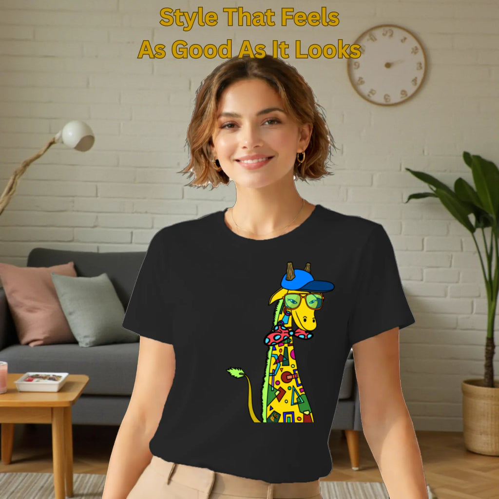 Model wearing Giraffe with Bow Tie artistic cotton t-shirt in Black