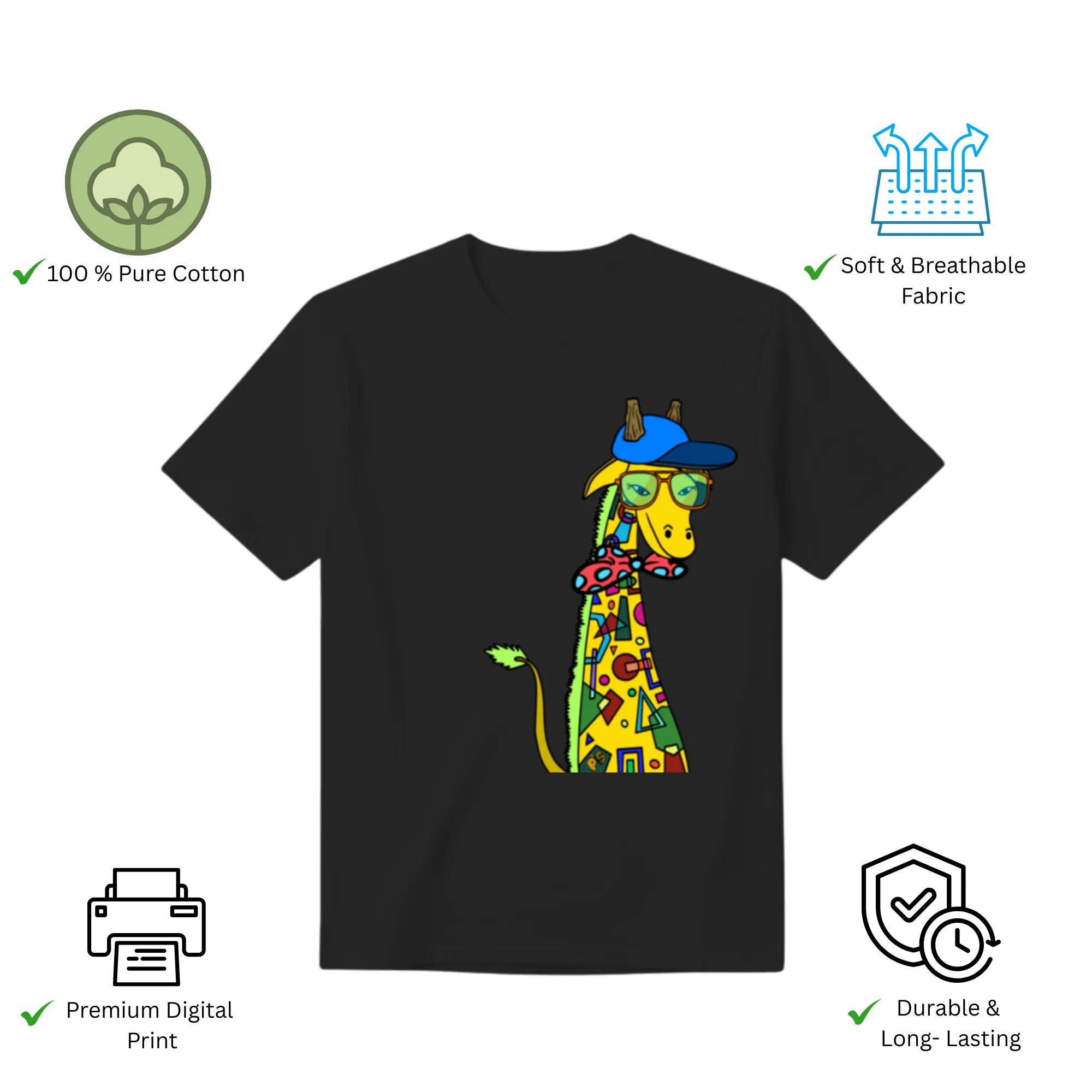 Features of Giraffe with Bow Tie unisex t-shirt including premium print and comfort fit