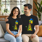 Matching pair wearing Giraffe with Bow Tie artistic t-shirts by PaintzStories