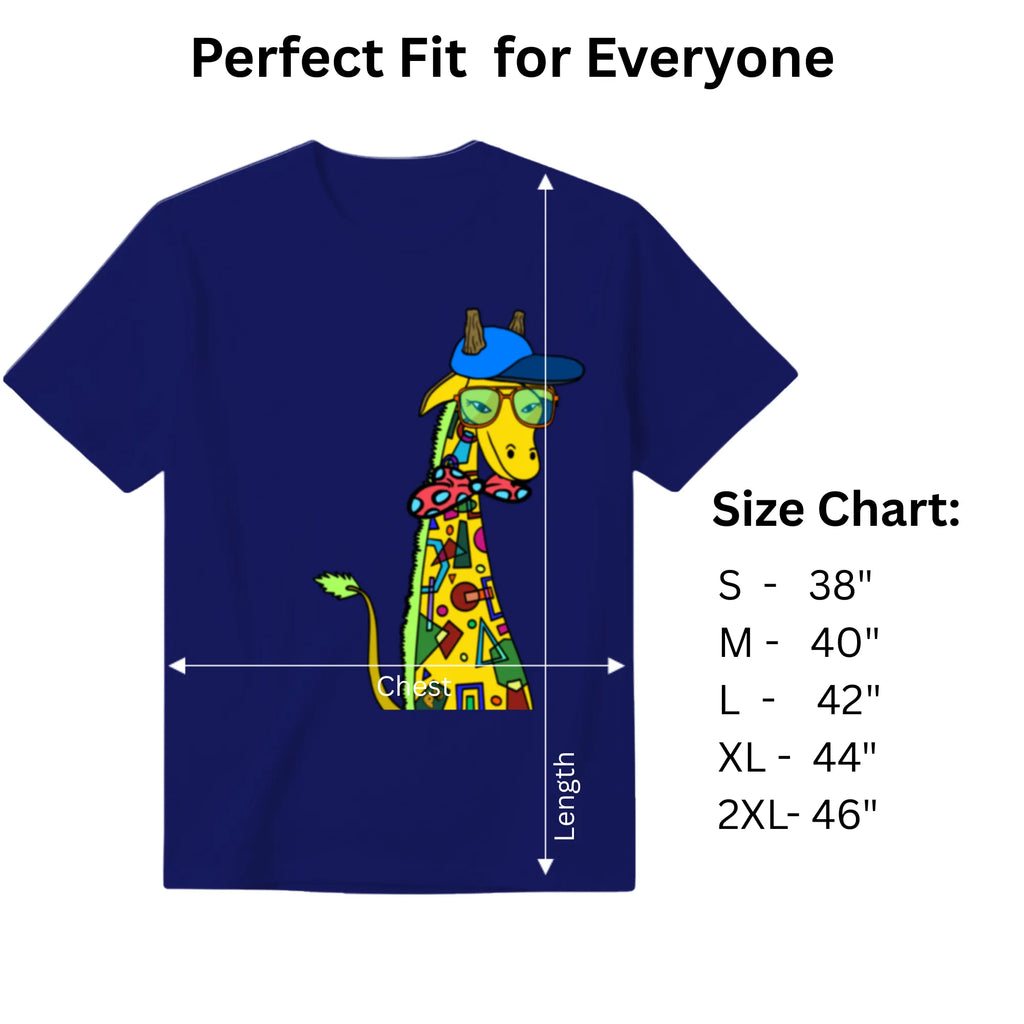 Giraffe with Bow Tie navy blue graphic tee size chart and dimensions