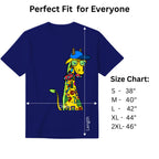 Giraffe with Bow Tie navy blue graphic tee size chart and dimensions