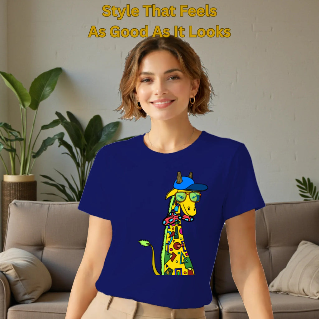 Model wearing Giraffe with Bow Tie artistic cotton t-shirt in Navy Blue