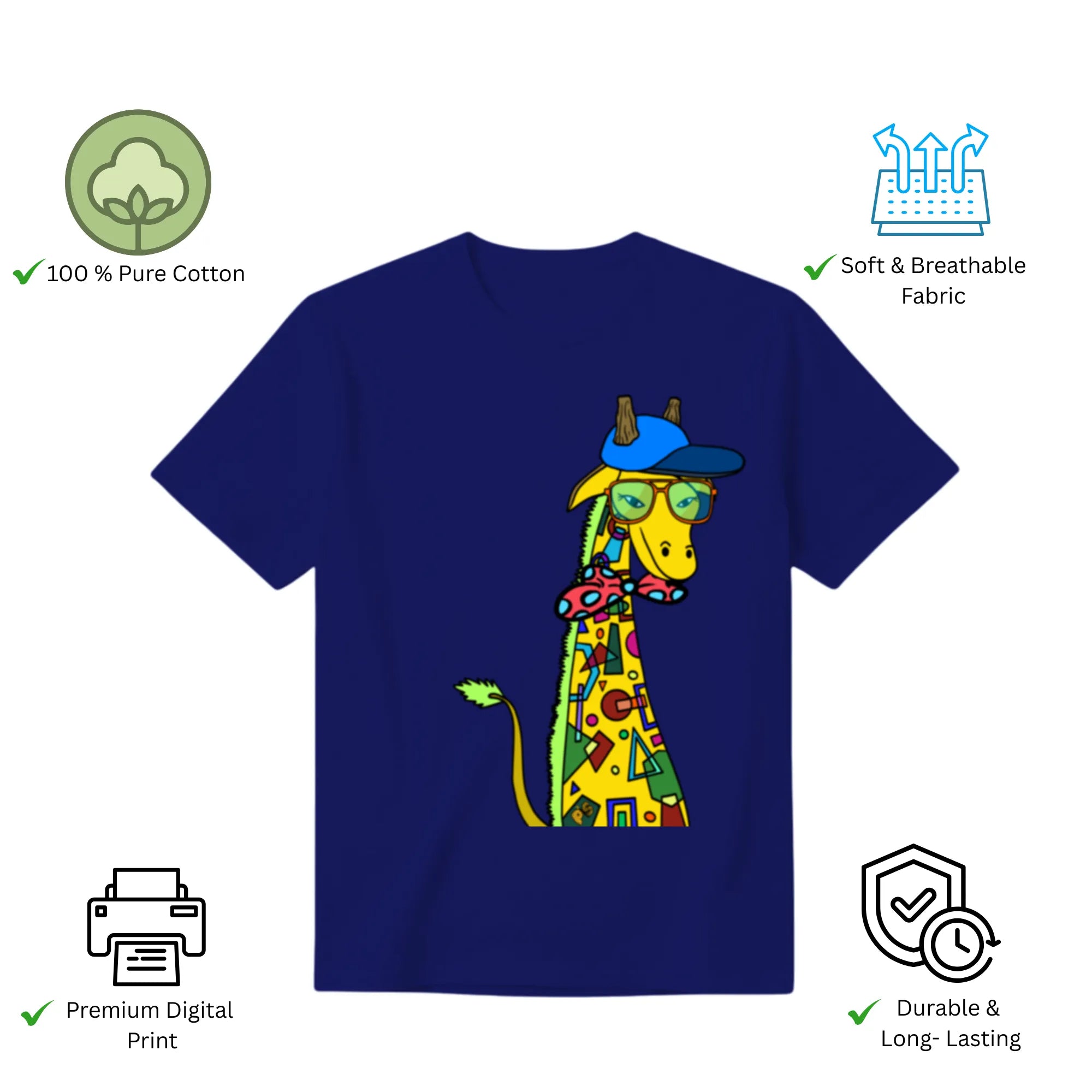 Features of Giraffe with Bow Tie unisex t-shirt including premium print and comfort fit